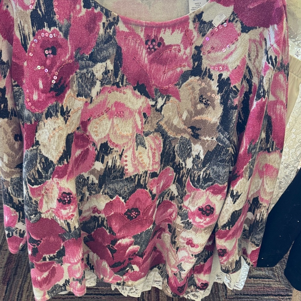 Alfred Dunner Pink Floral Sequin Blouse